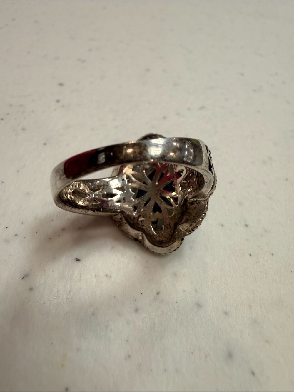 Turquoise Statement Ring - Silver-Tone Ornate Design - Picture 5 of 7